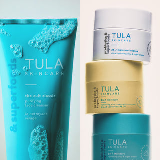 TULA products in a side-by-side photo featuring The Cult Classic purifying cleanser and 24-7 Moisture family