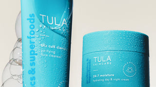Tula skincare products including a bottle and a jar on a neutral background