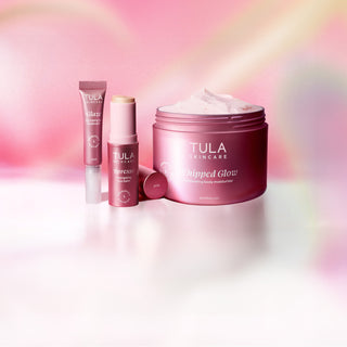 TULA Whipped Glow, 'Spresso, and 'Glaze in Pink on a pink gradient background