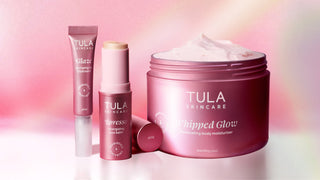 TULA Whipped Glow, 'Spresso, and 'Glaze in Pink on a pink gradient background.