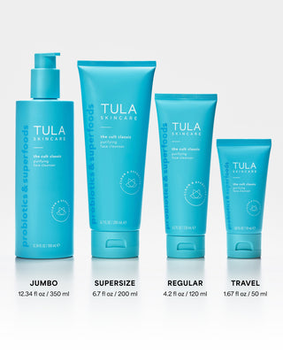 Set of Tula Skincare products in various sizes on a white background