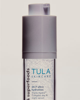 TULA Dry Skin Saviors - Super Hydrating 4-Piece Skincare Routine Kit with Probiotics, 24-7 Ultra Hydration Day & Night Serum Displayed