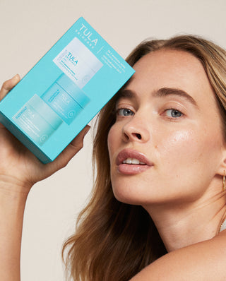 TULA Moisturizing Trio Kit with 24-7 Weightless Moisture for oily skin, 24-7 Moisture for balanced or combination skin, and 24-7 moisture intense for dry skin. Product packaging displayed.