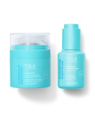 TULA Wake Up + Glow - A Vitamin-C packed antioxidant brightening duo featuring Bright Start and Brightening Treatment Drops. Full size collection displayed.