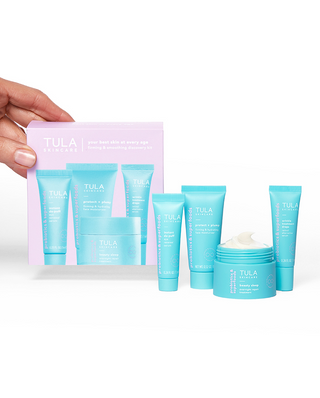 TULA Your Best Skin At Every Age - Anti-Aging 4-Piece Skincare Routine Kit with Probiotic Extracts, Product Packaging Displayed