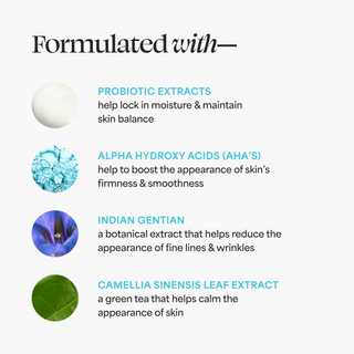 Formulated with probiotic extracts, AHA's, Indian Gentian, and Camellia