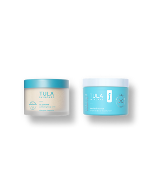 TULA body exfoliating scrub and body moisturizer on transparent background. 