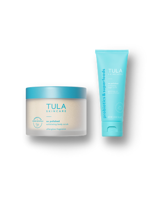 TULA So Polished Exfoliating Body Scrub and Exfoliating Facial Scrub on transparent background