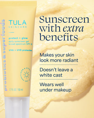 Tula skincare sunscreen gel with benefits text on a beige background
