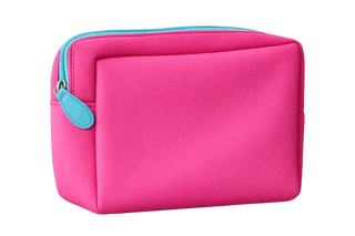Pink pouch with a blue zipper on a white background