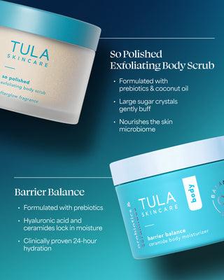 TULA products on blue background with ingredient infographic