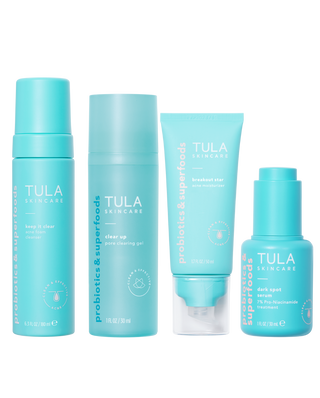 TULA Acne Routine featuring Keep it clear, clear up, breakout star, and dark spot serum