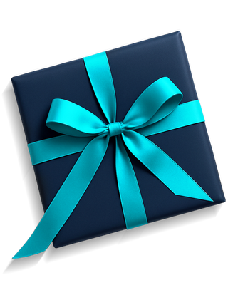 Navy blue gift box with a large turquoise bow on a white background
