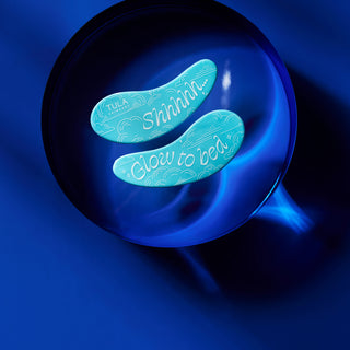 TULA reusable eye patches with text "Shhhh" and "Glow to bed" on blue background
