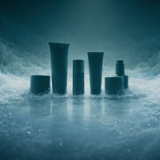 Product silhouettes with bubbles on a blue background.  