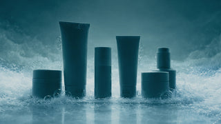 Product silhouettes with bubbles on a blue background.  