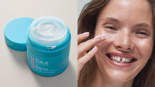 Side by side image of beauty sleep (left) and a woman smiling and applying the product (right) 