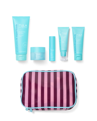Tula skincare products with a striped pouch on a transparent background