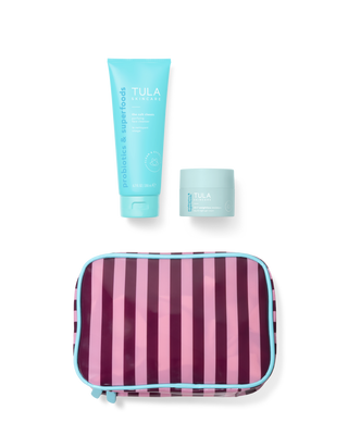 Tula skincare products with a striped pouch on a transparent background