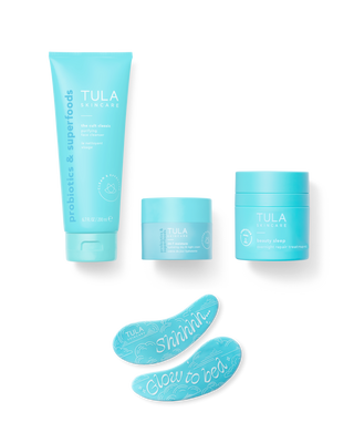Tula skincare products including a tube, jar, and patches on a white background