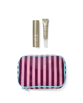 Striped travel pouch with Tula skincare products on a transparent background