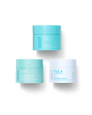 Three TULA Skincare jars on a white background