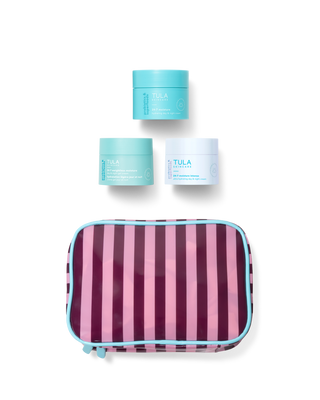 Tula skincare products including jars and a striped pouch on a transparent background