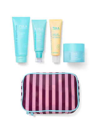 Tula skincare products with a striped pouch on a transparent background