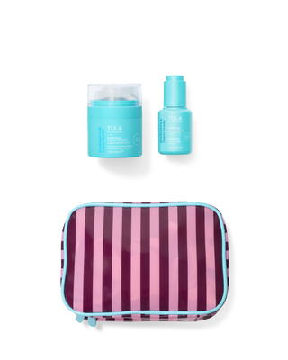 Cosmetic bag with two blue skincare products on a transparent background