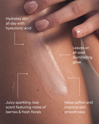 Close-up of skin with a product application, highlighting benefits like hydration and glow.