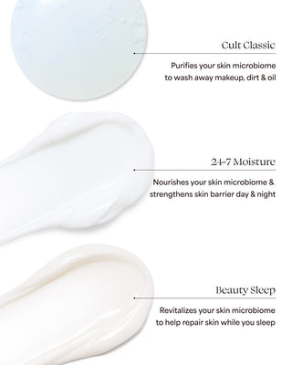 Three different skincare product textures with text describing their functions.