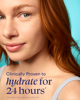 Woman with red hair against a blue background with text about product hydration.