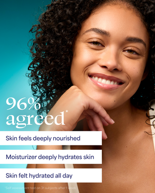 Woman with moisturized skin and text indicating product effectiveness