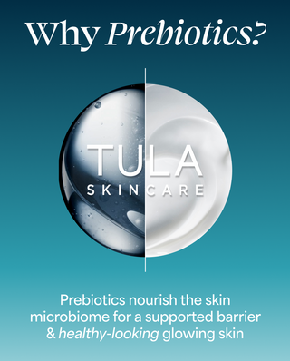 Tula Skincare advertisement with prebiotics text on a blue background