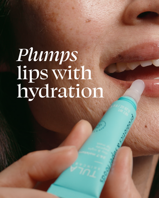 Person applying a turquoise lip balm to their lips with text 'Plumps lips with hydration'.
