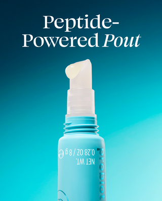 Blue lip balm with a white cap on a blue background, labeled 'Peptide-Powered Pout'.