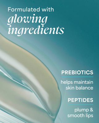 Product packaging with text about glowing ingredients, prebiotics, and peptides on a teal background.