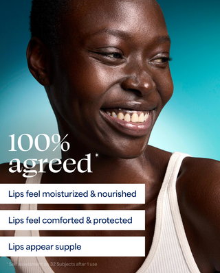 Woman with a smile on her face, text indicating product benefits.