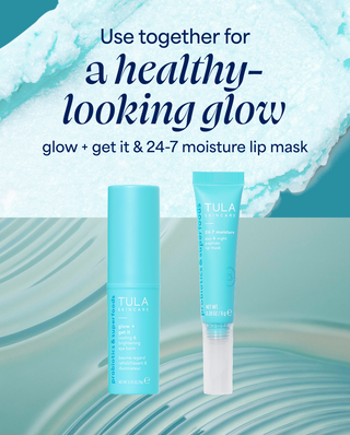 Tula skincare products with text on a blue and white background