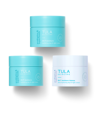 TULA Moisturizing Trio Kit with 24-7 Weightless Moisture for oily skin, 24-7 Moisture for balanced or combination skin, and 24-7 moisture intense for dry skin. $60 value for 3 travel sizes. All 3 products featured.