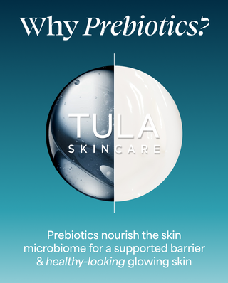 Tula Skincare advertisement with a split image of a droplet on a blue background.