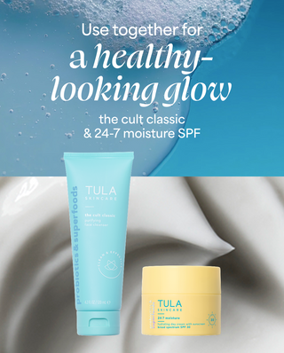 Tula skincare products with text on a blue and gray gradient background