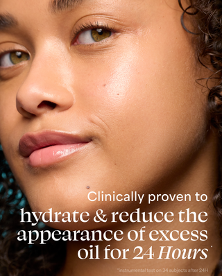 Close-up of a person's face with text about skincare product efficacy