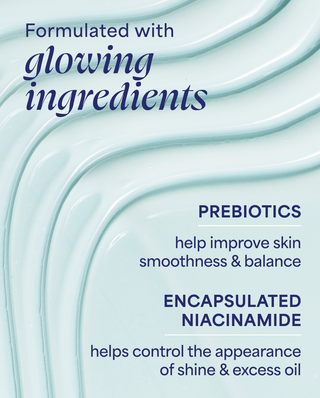 Text about glowing ingredients with prebiotics and encapsulated niacinamide on a blue background