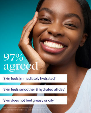 Woman with a smile, touching her face, with text about skin hydration on a blue background