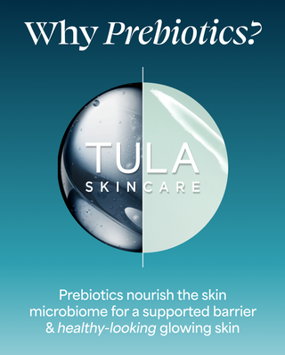 Tula Skincare advertisement about prebiotics with a blue and white color scheme.