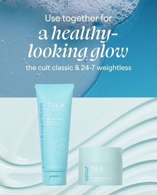 Tula skincare products with a blue background and text about a healthy-looking glow.