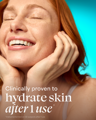 Woman with smooth skin against a blue background with text about skincare product efficacy.