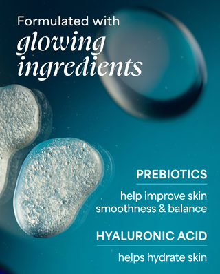 Product packaging with prebiotics and hyaluronic acid text on a blue background
