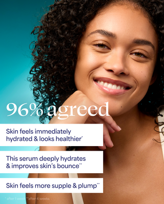 Woman with hydrated skin and text about serum benefits